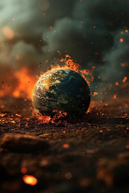 Zdjęcie ziemia zawaliła się, płonęła, zniszczona przez ogień.