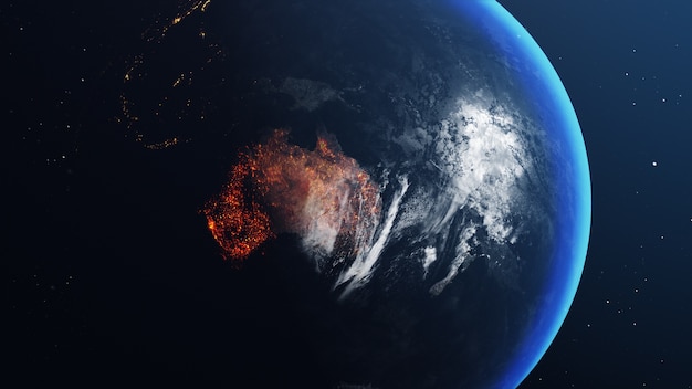 Ziemska kula ziemska z mapą Australii spalona i podpalona