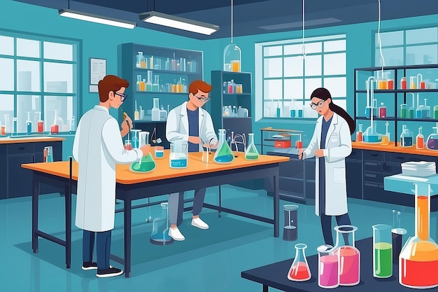 zilustrować laboratorium chemiczne z uczniami prowadzącymi eksperymenty nad właściwościami nanomateriałów