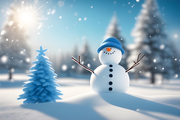 Zima Boże Narodzenie w tle Snowman sosna i śnieg na ilustracji mroźny słoneczny dzień