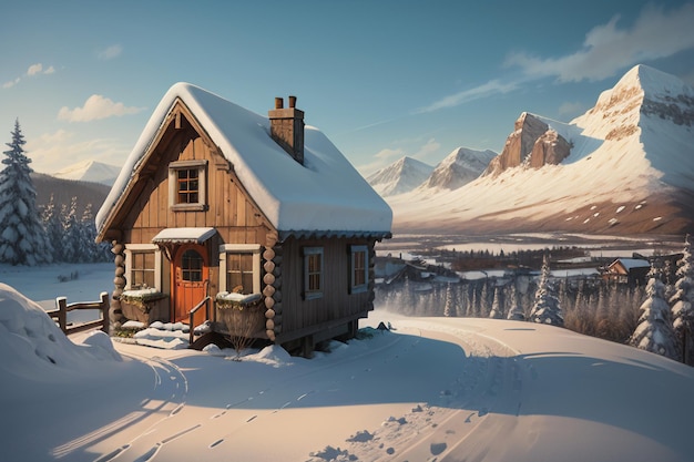 Zimą dach drewnianego domu u podnóża ośnieżonych gór pokryty jest grubym śniegiem