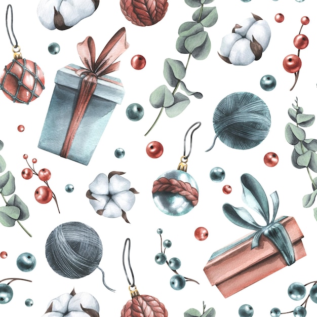 Zima Nowy Rok Boże Narodzenie bezszwowe wzór z bawełny jagody eukaliptusa prezenty bombki Akwarela ilustracja ręcznie rysowane wzór na białym tle