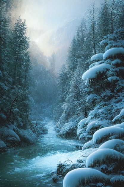 Zima w lesie z pokrytymi śniegiem drzewami i spektakularnym górskim krajobrazem świecącym światłem słonecznym