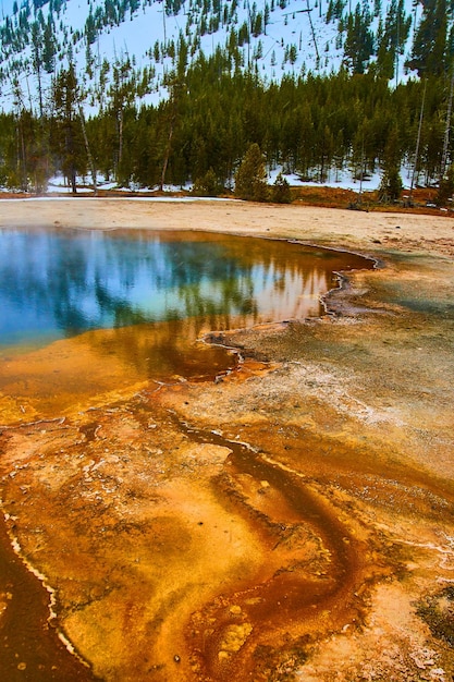 Zdjęcie zima w yellowstone z żywymi kolorowymi kwaśnymi basenami