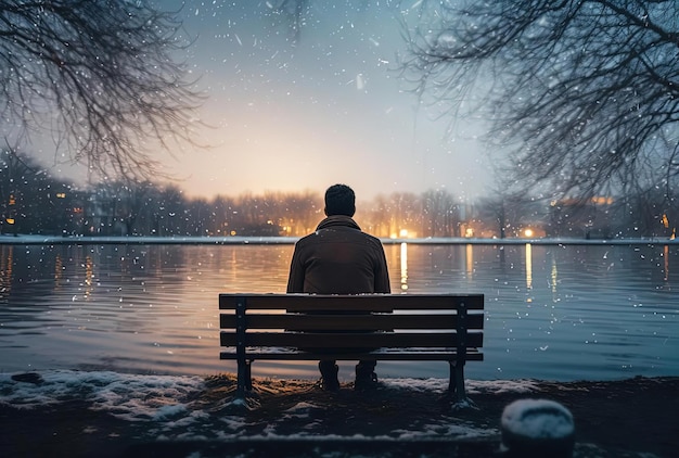 zima w zamarzniętym letnim parku z ławką i mężczyzną siedzącym na śniegu