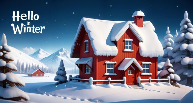 Zdjęcie zima z ciepłym domem pośród śnieżnych drzew