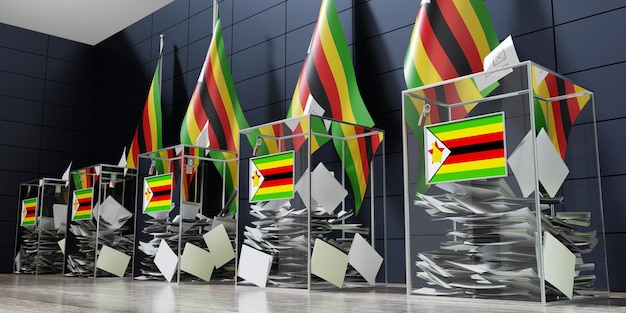 Zimbabwe kilka urn wyborczych i flag głosowania koncepcja wyborów ilustracja 3D