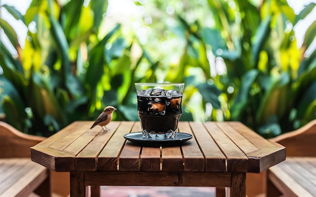 Zimna czarna kawa z kostkami lodu na drewnianym stole na tle przyrody zimne napoje letnie
