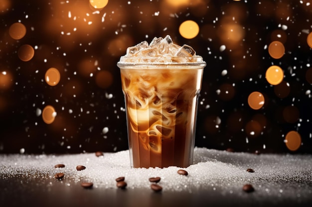 Zdjęcie zimna kawa na śniegu z błyszczącym tłem
