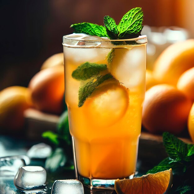 Zimna letnia lemoniada pomarańczowa z miętą i lodem w szklance