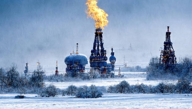 Zimna, śnieżna rosyjska SyberiaGazowe i wiertnicze platformy wiertnicze