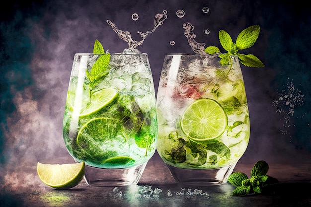 Zimne koktajle mojito z miętą i limonką w zamglonym szkle