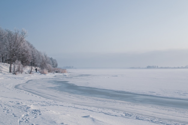 Zimny pogodny marznący dzień widok rzeką i park w zimie