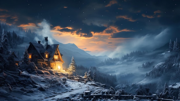 Zimowa bajka Pomysł na kartkę świąteczną z domem w górach ferie zimowe