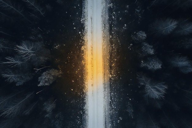 Zimowa droga przez zamarznięty las przy zachodzie słońca