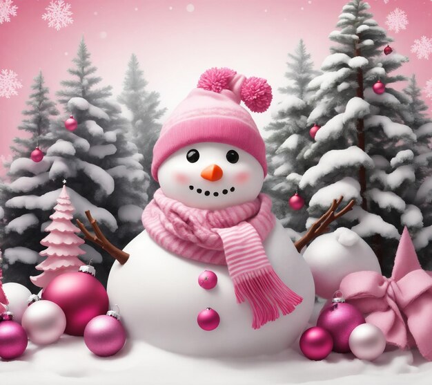 zimowa grafika z śnieżnikiem świąteczne kulki w różowej barbie