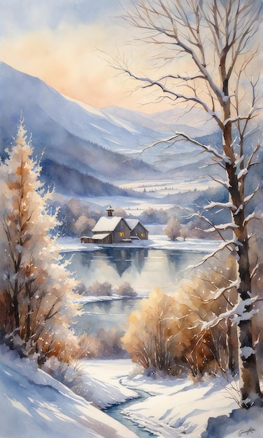 Zimowa ilustracja akwarelowa krajobrazu ai generowana