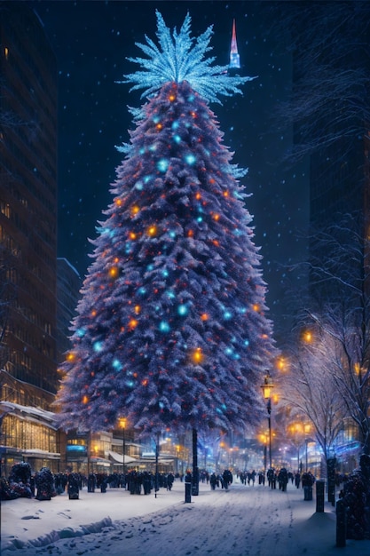 Zimowa kraina cudów pokryta śniegiem z majestatycznym drzewkiem Bożego Narodzenia w środku otoczonym przez twink