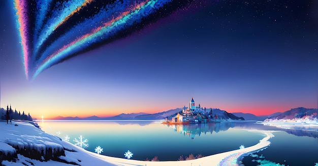 Zimowa Kraina Czarów na Alasce Panorama Drogi Mlecznej Śnieżne góry z zamarzniętym jeziorem Generacyjna sztuczna inteligencja do tworzenia kreatywnych plakatów, obrazów, okładek na Facebooku