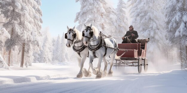 Zdjęcie zimowa kraina czarów zaśnieżone drzewa i magiczna podróż saniami zaprzężonymi w konie