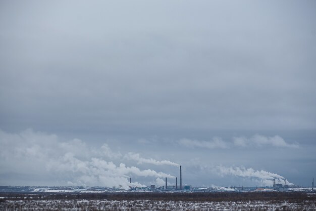 Zdjęcie zimowa panorama papierni celulozowej.