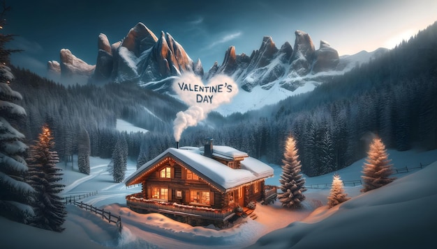Zimowa przytulna górska chatka Valentine z dymem w kształcie serca