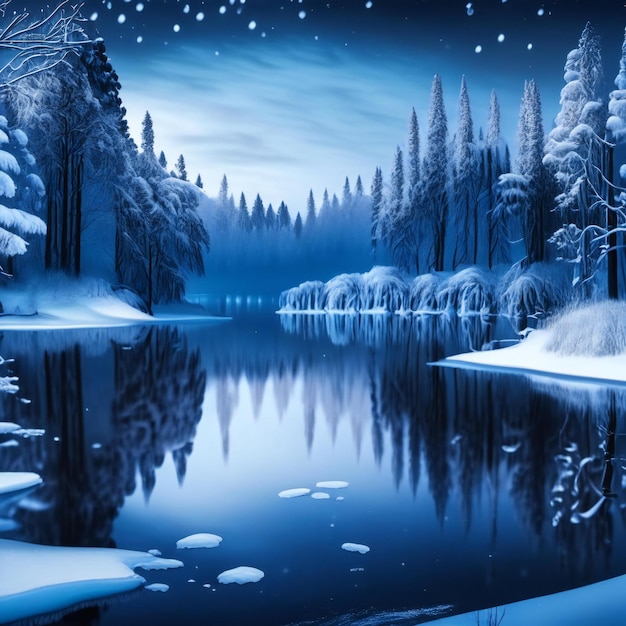 Zimowa scena z jeziorem i drzewami w tle.