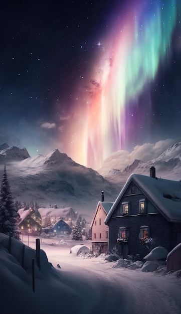 Zimowa scena z kolorową zorzą polarną nad zaśnieżoną wioską.