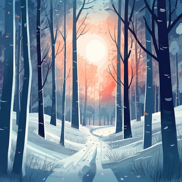 Zimowa scena z pokrytą śniegiem ścieżką i jasnym słońcem świecącym przez drzewa.
