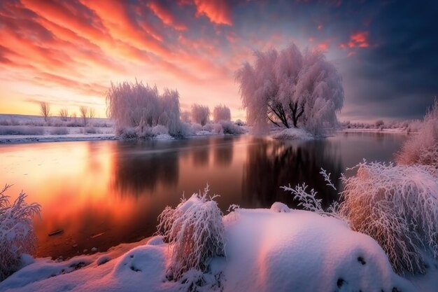 Zimowa scena z pokrytymi śniegiem drzewami i jeziorem