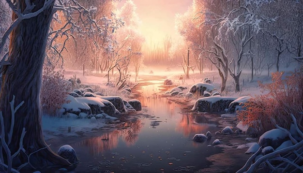 Zimowa scena z rzeką i drzewami pokrytymi śniegiem.