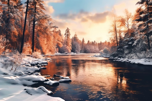 Zimowa scena z rzeką i pokrytymi śniegiem drzewami.