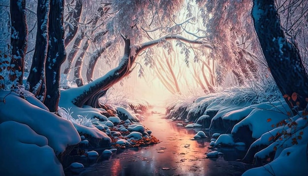 Zimowa scena z rzeką na pierwszym planie i zaśnieżonym lasem w tle.