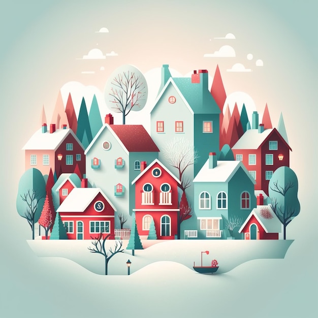 Zimowa scena z zaśnieżoną wioską i domem w śniegu.