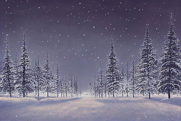 Zimowa scena ze śniegiem na ziemi i drzewach