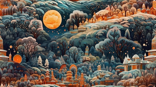 Zimowa scena ze śnieżnym krajobrazem i pełnią księżyca.