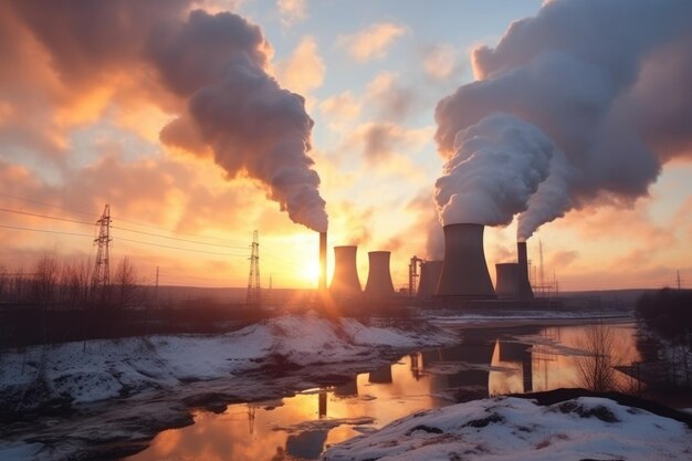 Zimowa sylwetka elektrowni przy zachodzie słońca Dym z spalonych rur węglowych