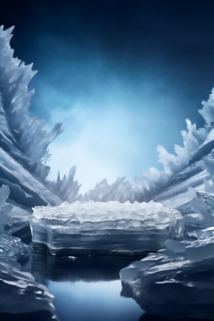 Zdjęcie zimowa wystawa produktów photoset puste podium pośród śniegu, lodu i górskiego piękna