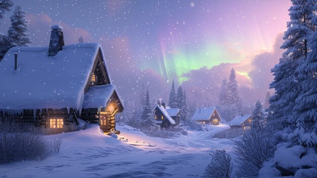 Zimowe chatki pod magicznym światłem północnym