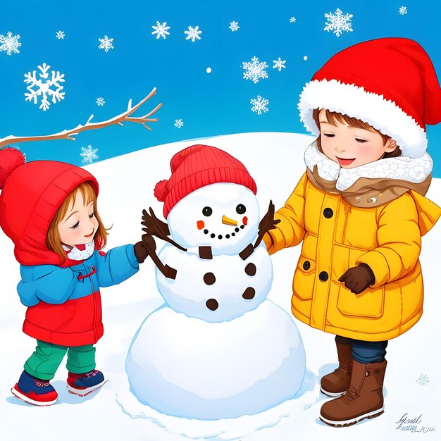 Zimowe dni Ilustracja kreskówek dla dzieci Robienie słodkiego bałwana ze śniegiem w tle śniegu AI Generate