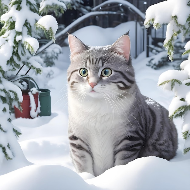 zimowe dni Śnieżny kot z opadami śniegu płatki śniegu Tło lodowego śniegu AI Generuje obraz