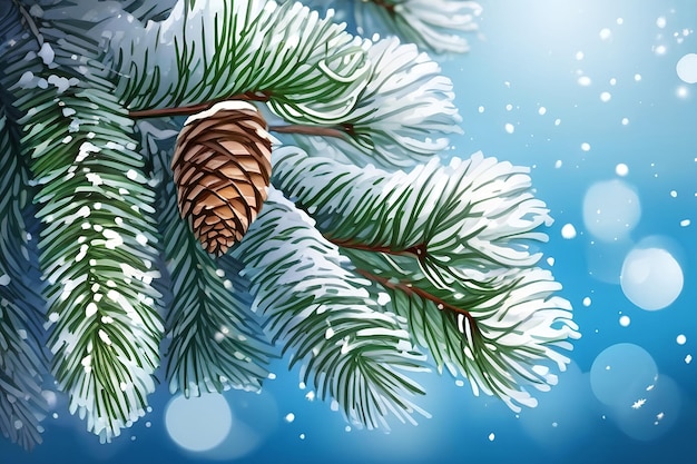 Zimowe drzewo cedrowe Gałąź Deodaru z szyszkami na niebieskim tle ze śniegiem Piękny projekt graficzny granicy