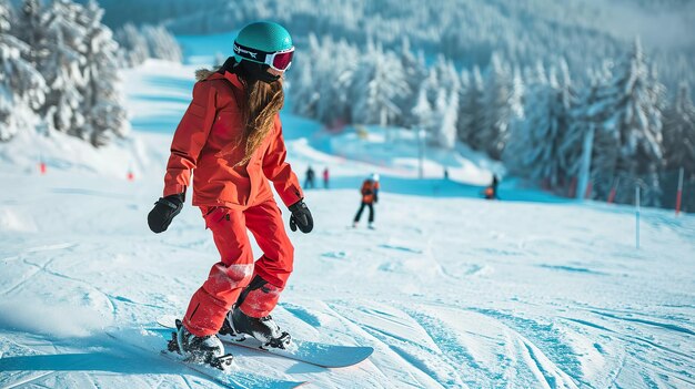 Zimowe emocje Dziewczyna snowboarderka w alpejskiej krainie cudów