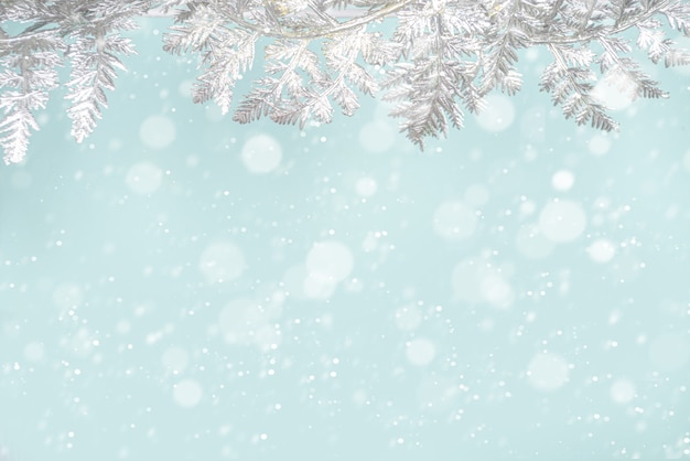 Zimowe i świąteczne świąteczne tło śnieżne ze srebrnymi gałęziami dekoracji Xmas,