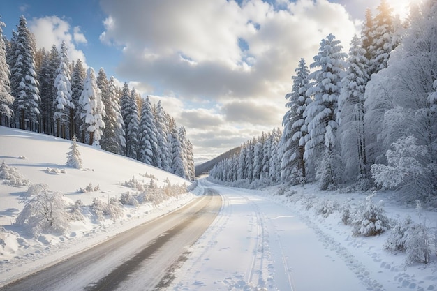 Zimowe krajobrazy zimowe lasy zimowe drogi i drzewa pokryte śniegiem Niemcy panoramiczne ujęcie