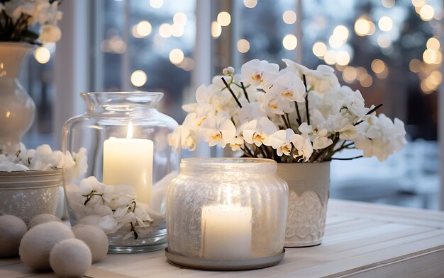 Zdjęcie zimowe martwe życie świece, sosno i suszone kwiaty w salonie w pobliżu kanapy z poduszkami