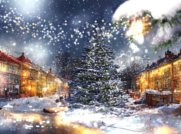 zimowe miasto, świąteczna złota dekoracja choinki, opadanie śniegu w średniowiecznej starówce