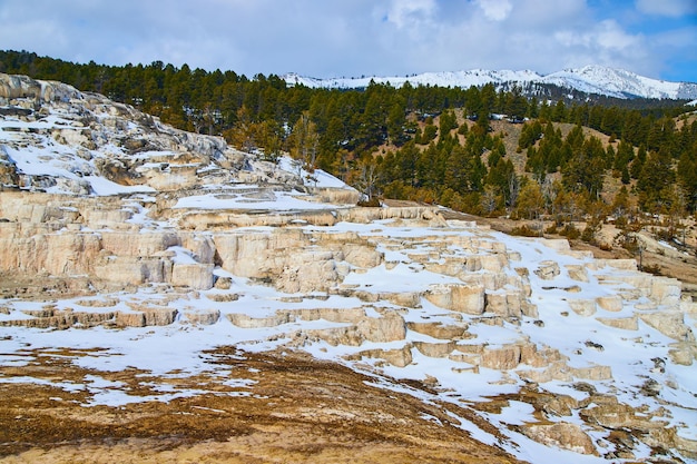 Zimowe pokryte śniegiem tarasy w gorących źródłach Yellowstone