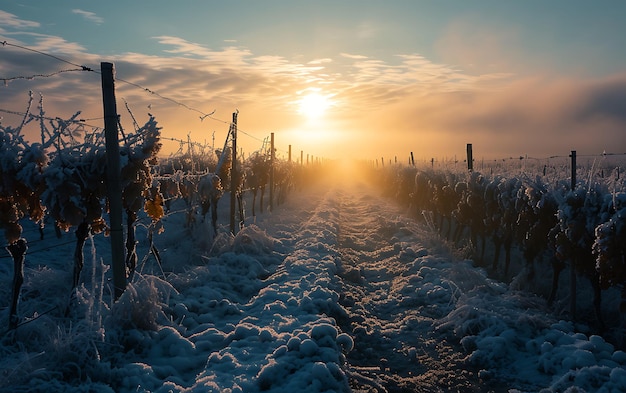 Zimowe poranki na polach i winnicach, gdy słońce wstaje z popiołów.