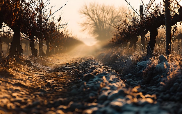 Zdjęcie zimowe poranki na polach i winnicach, gdy słońce wstaje z popiołów.